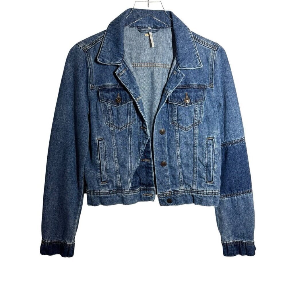 Free People trucker jacket Blue Rumors Denim jeans Jacket Size S patchwork - Picture 2 of 9